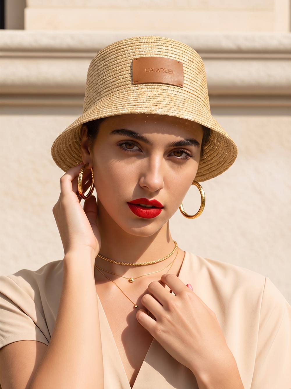 Natural Straw Bucket Hat Catarzi - Neutral Beige Made In Italy